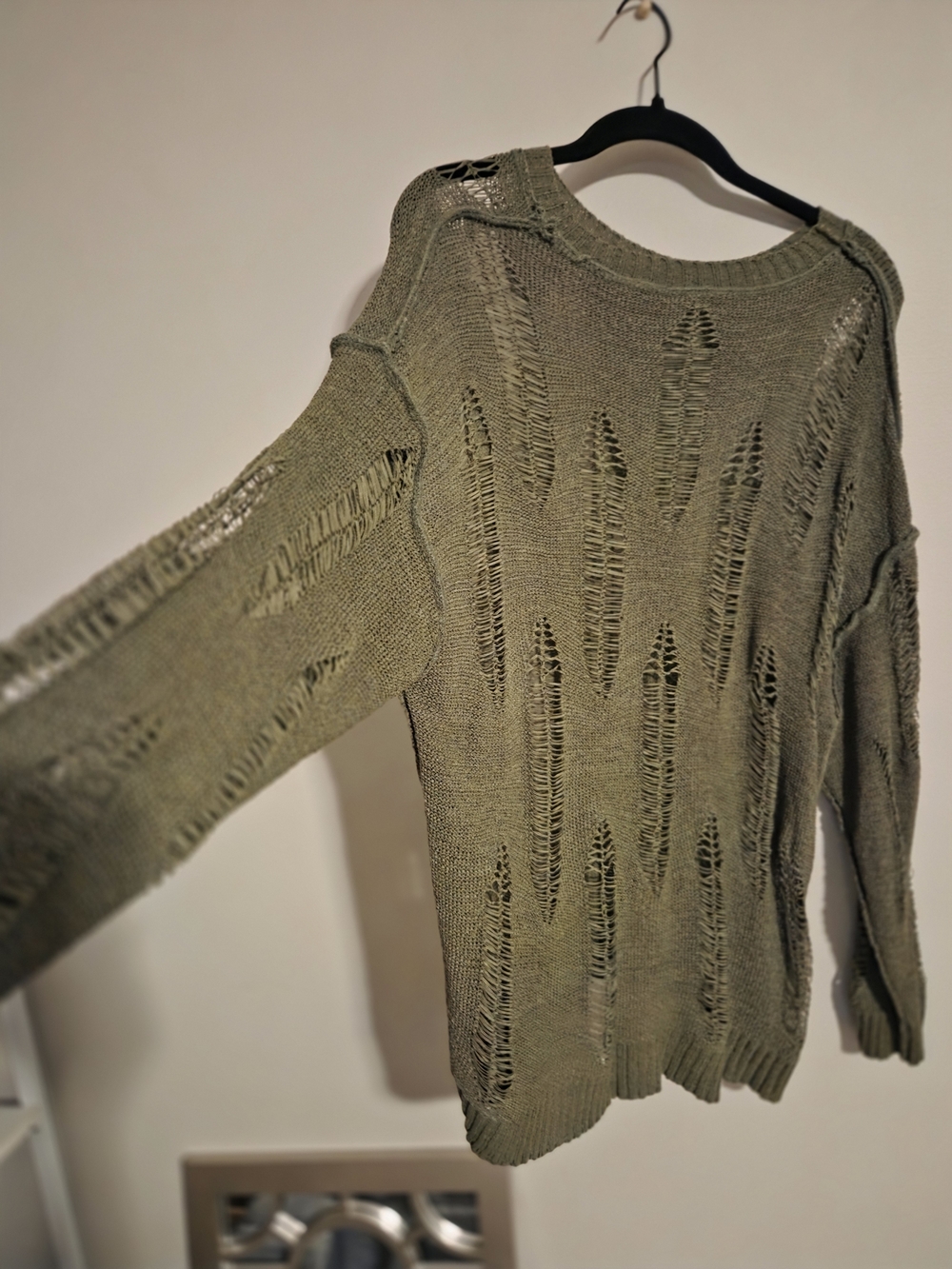 SHEIN Olive Green Distressed Open-Knit Crewneck Sweater